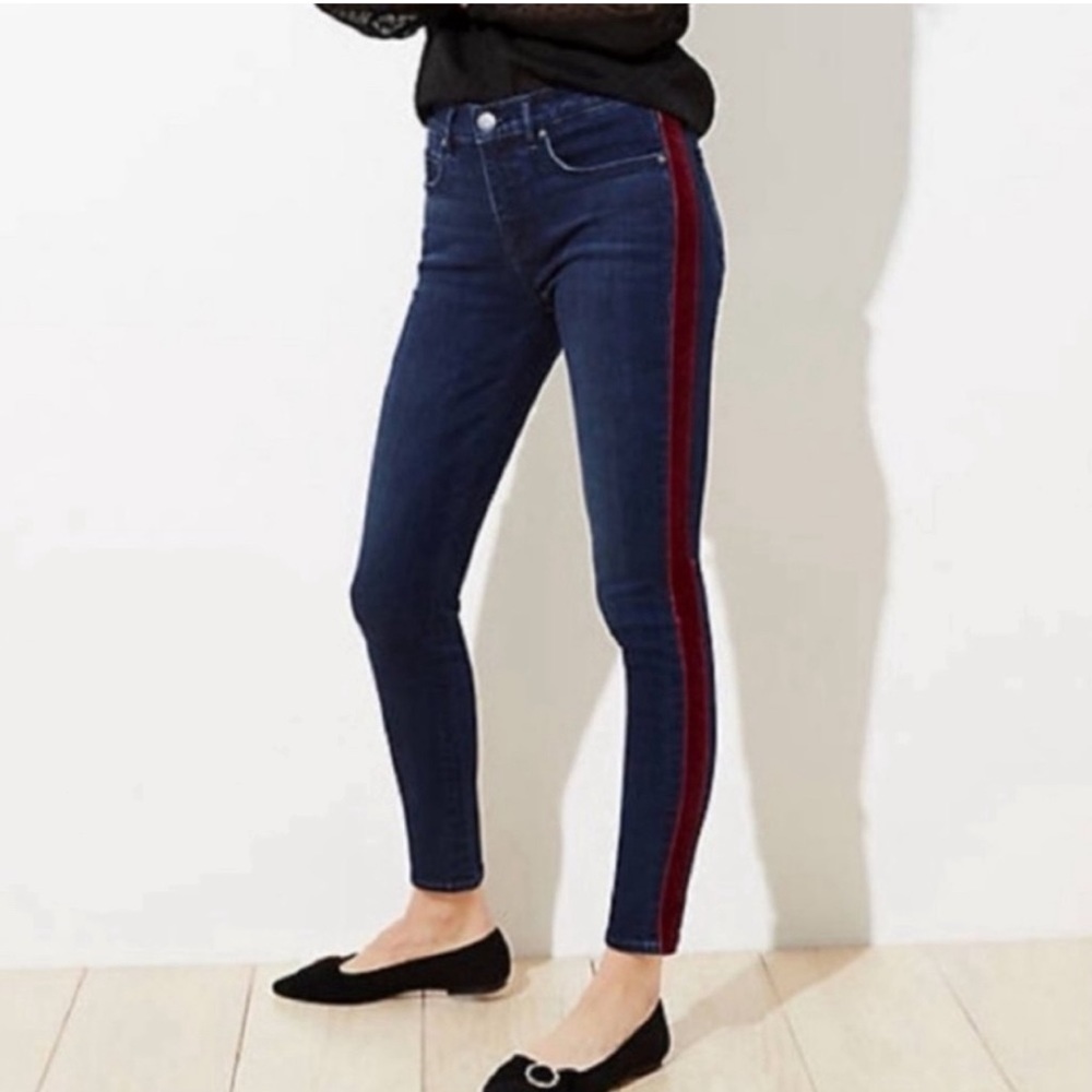 LOFT Velvet Side Stripe Skinny Jeans in Dark Wash